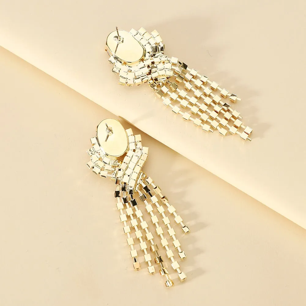 Elegant Vintage Geometric Crystal Glass Tassel Chain Long Dangle Earrings