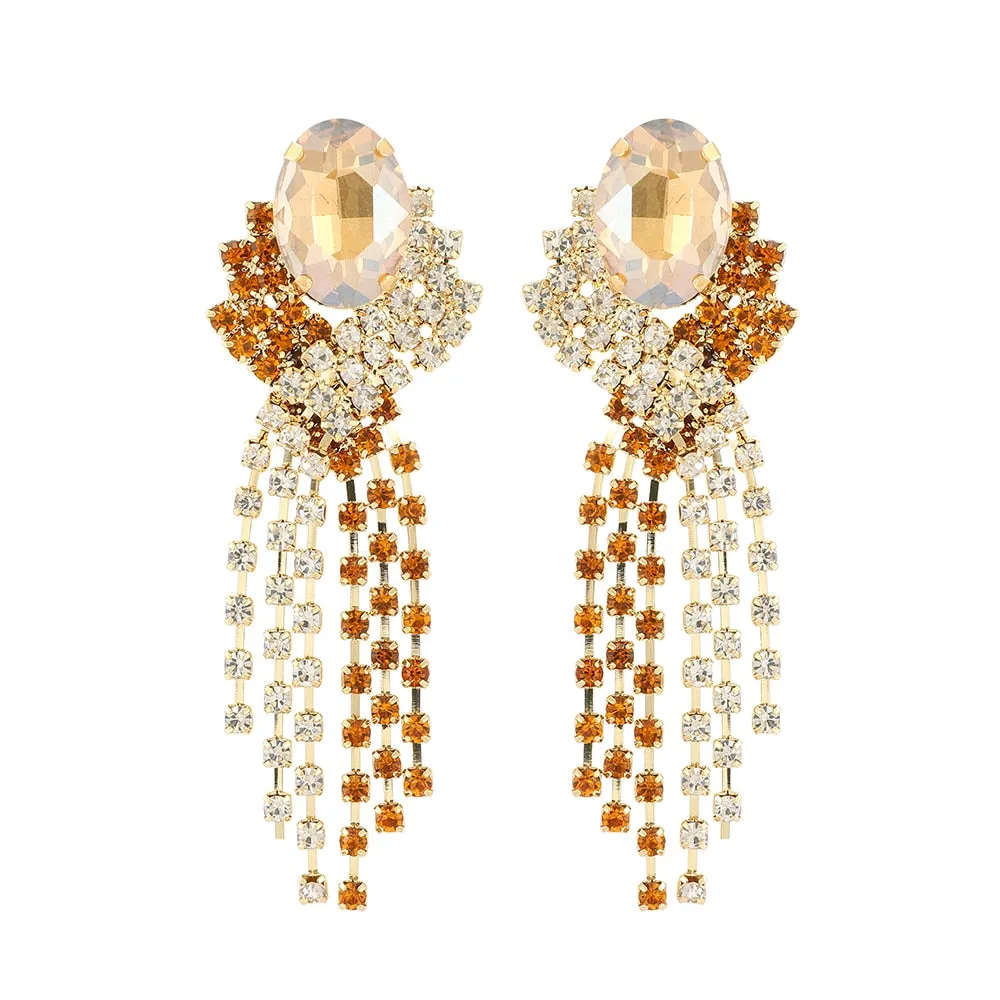 Elegant Vintage Geometric Crystal Glass Tassel Chain Long Dangle Earrings