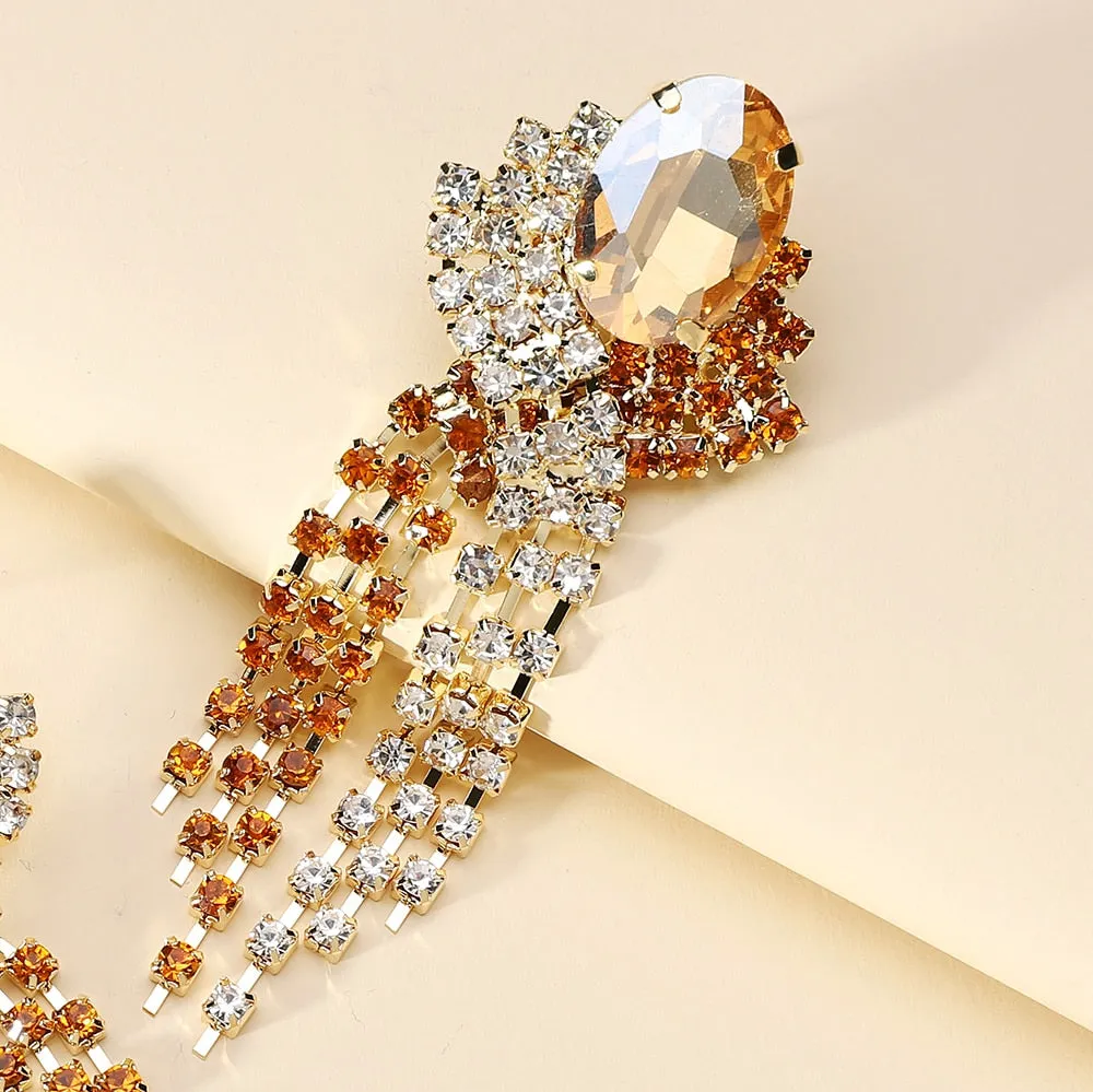Elegant Vintage Geometric Crystal Glass Tassel Chain Long Dangle Earrings