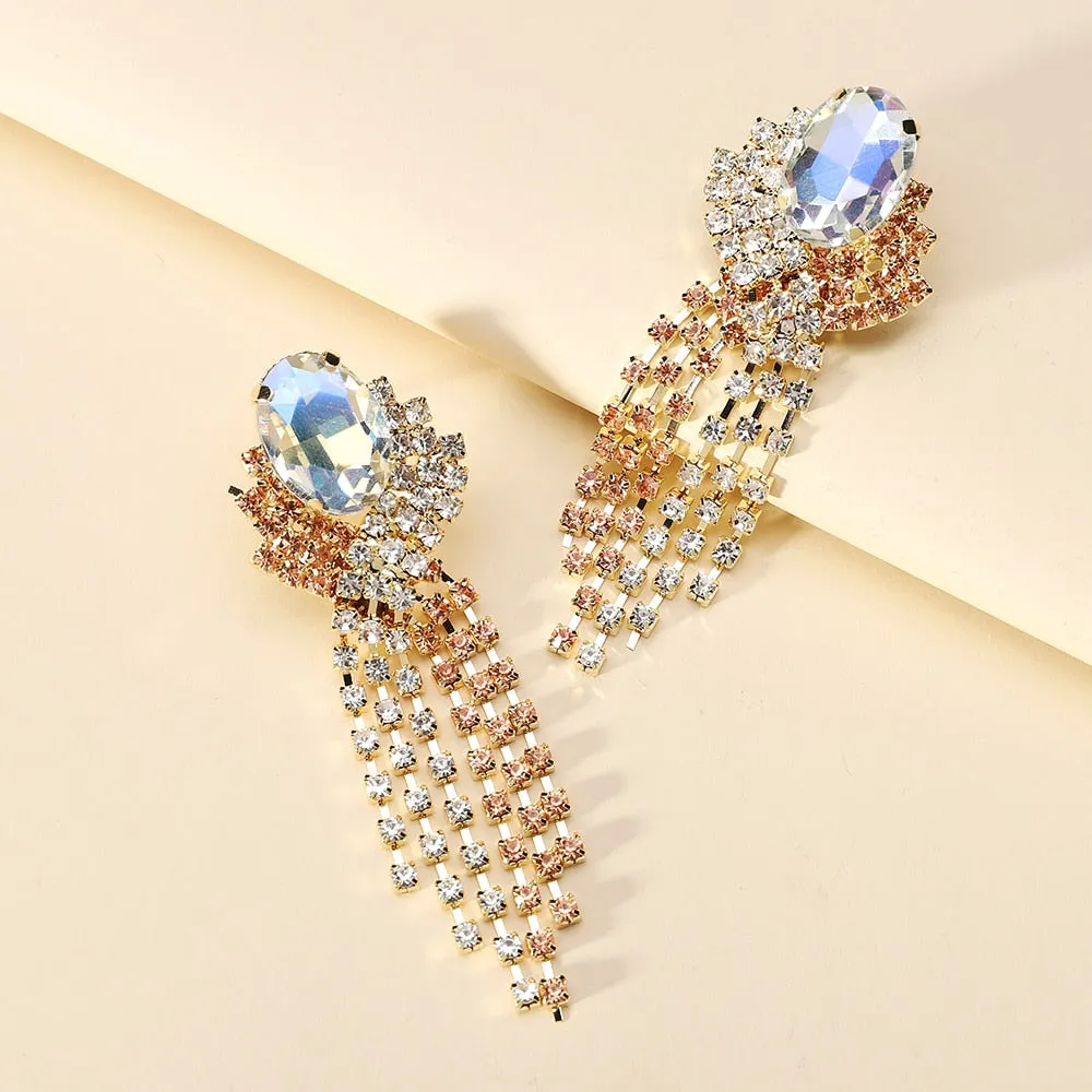 Elegant Vintage Geometric Crystal Glass Tassel Chain Long Dangle Earrings