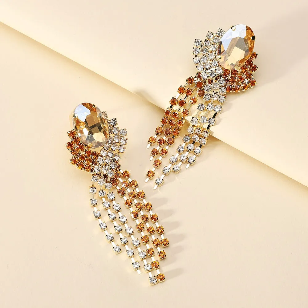 Elegant Vintage Geometric Crystal Glass Tassel Chain Long Dangle Earrings