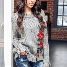 Embroidery Hole Round Neck Long Sleeve Sweaters