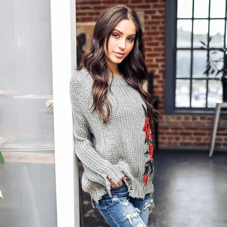 Embroidery Hole Round Neck Long Sleeve Sweaters