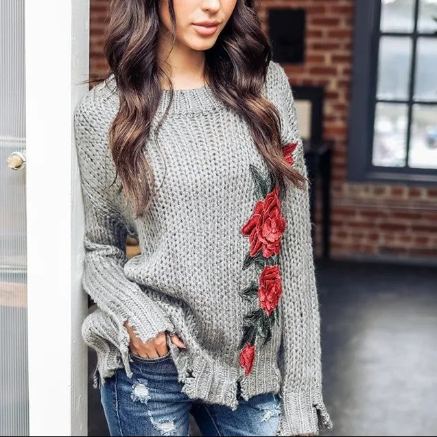 Embroidery Hole Round Neck Long Sleeve Sweaters