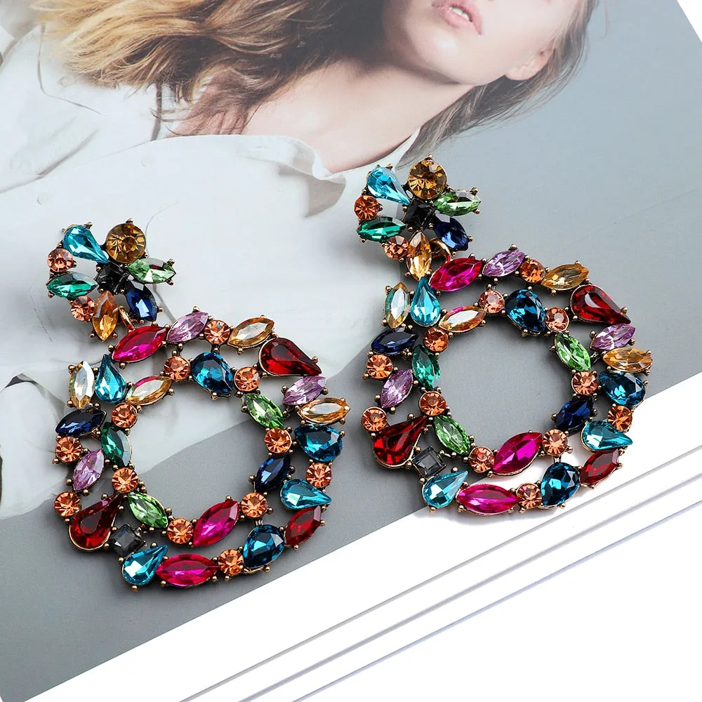 Europe America Fashion Vintage Round Hollow Crystal Flower Big Dangle Earrings For Women