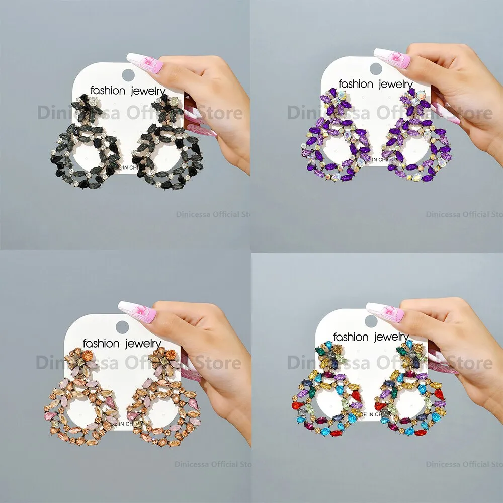Europe America Fashion Vintage Round Hollow Crystal Flower Big Dangle Earrings For Women