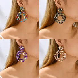 Europe America Fashion Vintage Round Hollow Crystal Flower Big Dangle Earrings For Women