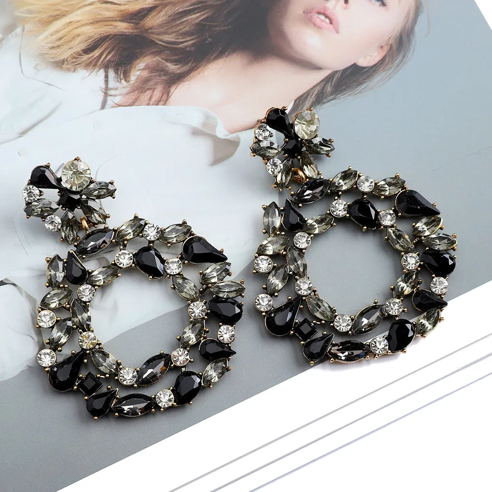 Europe America Fashion Vintage Round Hollow Crystal Flower Big Dangle Earrings For Women