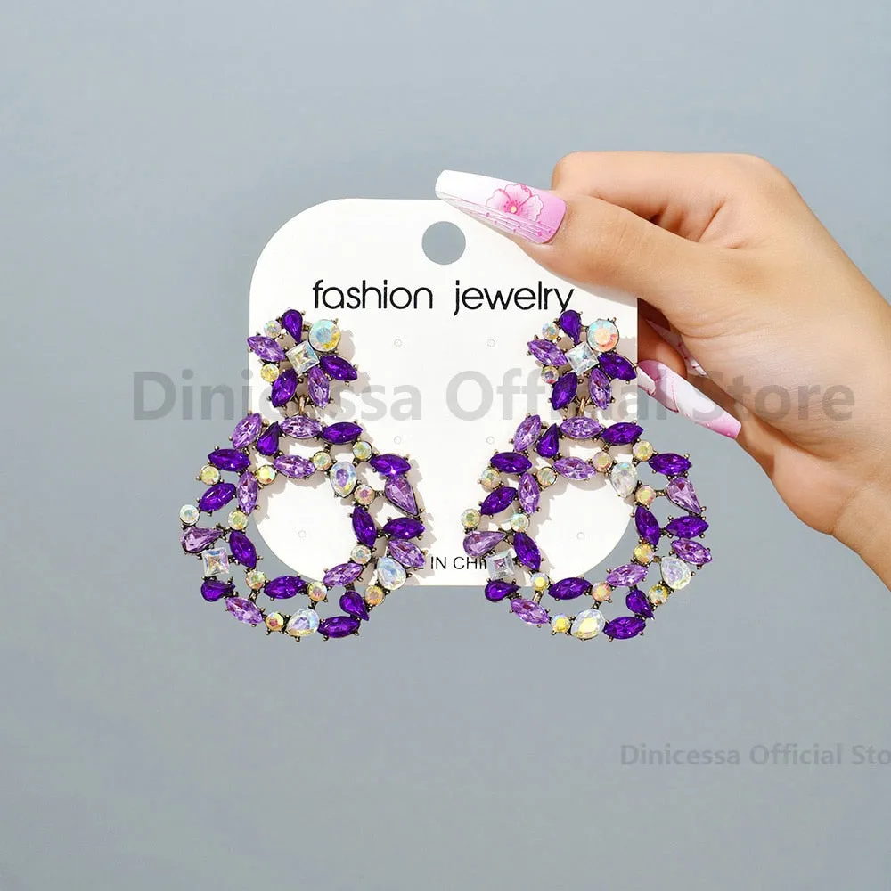 Europe America Fashion Vintage Round Hollow Crystal Flower Big Dangle Earrings For Women