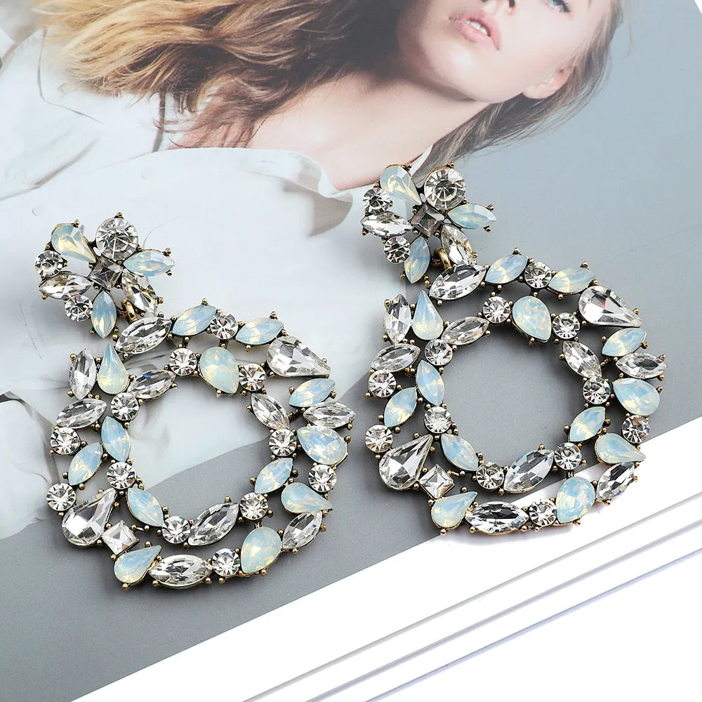 Europe America Fashion Vintage Round Hollow Crystal Flower Big Dangle Earrings For Women