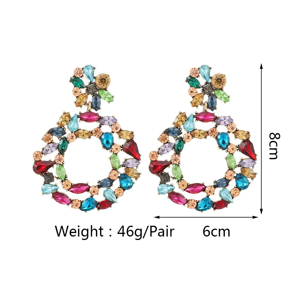 Europe America Fashion Vintage Round Hollow Crystal Flower Big Dangle Earrings For Women