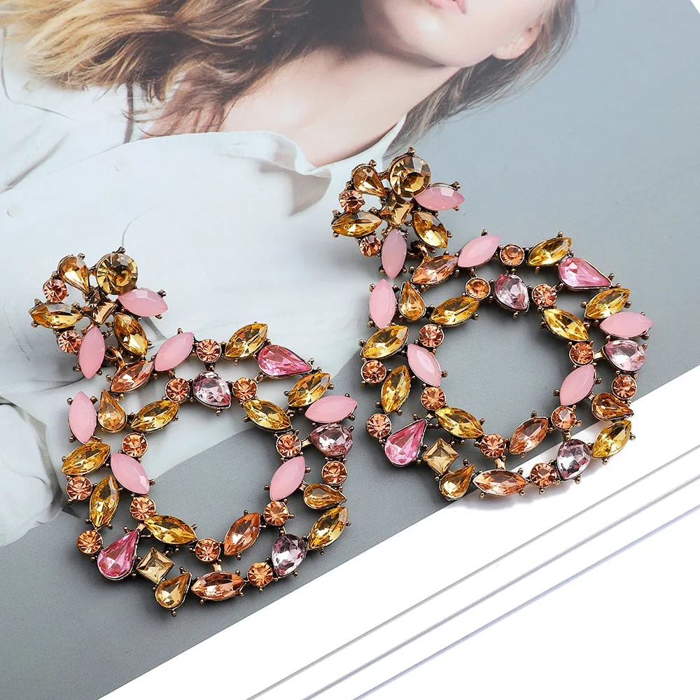 Europe America Fashion Vintage Round Hollow Crystal Flower Big Dangle Earrings For Women