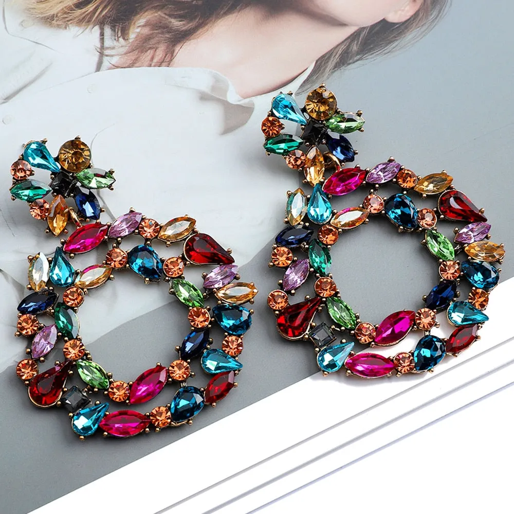 Europe America Fashion Vintage Round Hollow Crystal Flower Big Dangle Earrings For Women