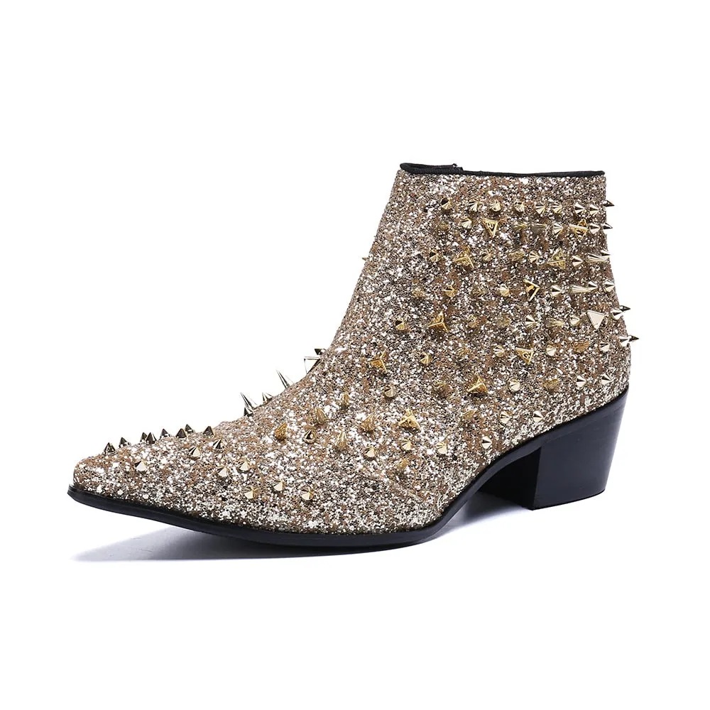 Fashion Designer Genuine Leather Men Ankle Boots Gold Rivets Short Boots Male Party Wedding Dress Shoes Plus Size