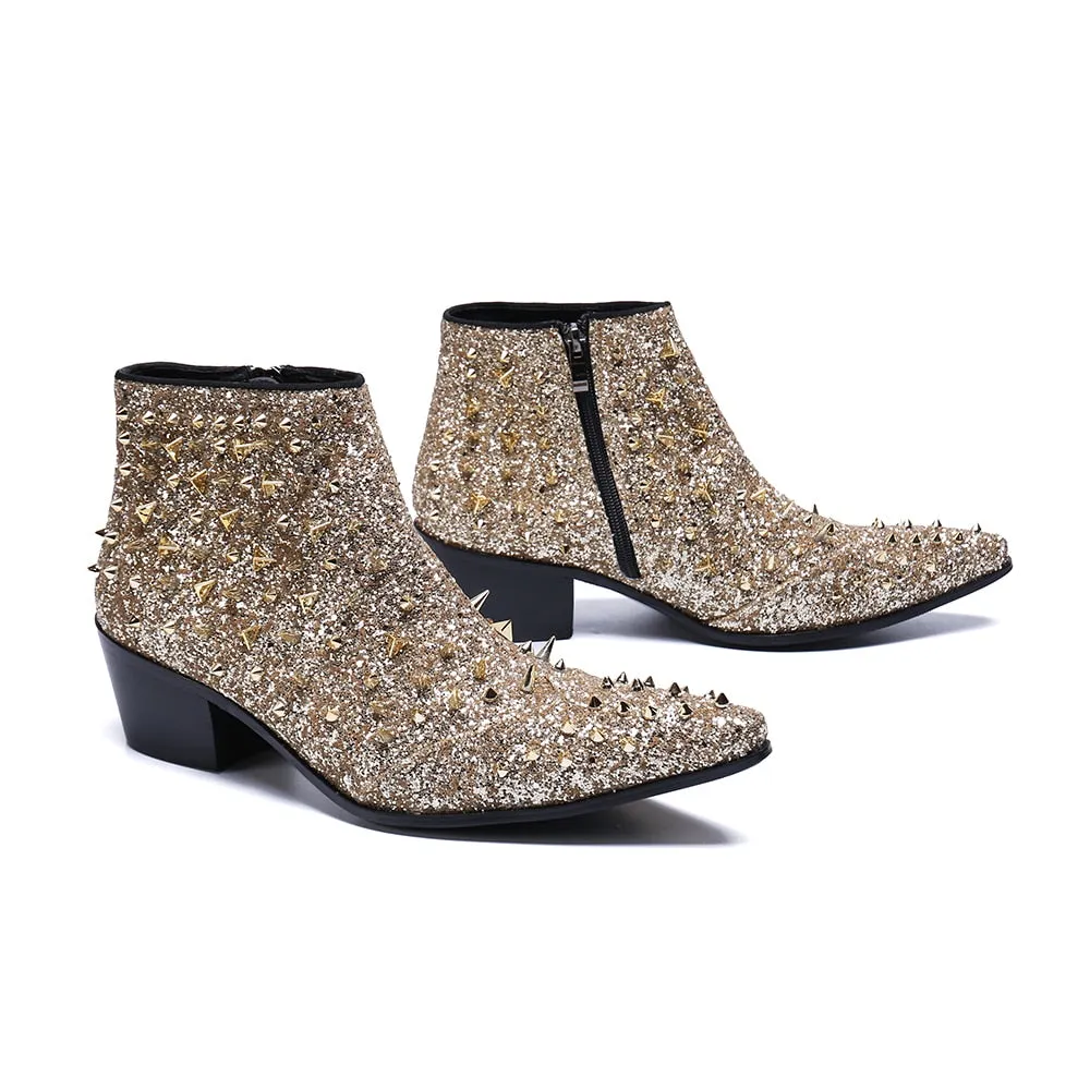 Fashion Designer Genuine Leather Men Ankle Boots Gold Rivets Short Boots Male Party Wedding Dress Shoes Plus Size
