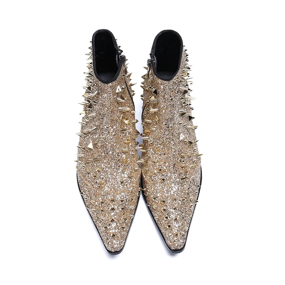 Fashion Designer Genuine Leather Men Ankle Boots Gold Rivets Short Boots Male Party Wedding Dress Shoes Plus Size