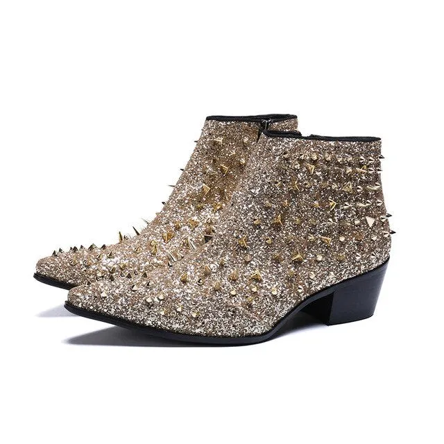 Fashion Designer Genuine Leather Men Ankle Boots Gold Rivets Short Boots Male Party Wedding Dress Shoes Plus Size
