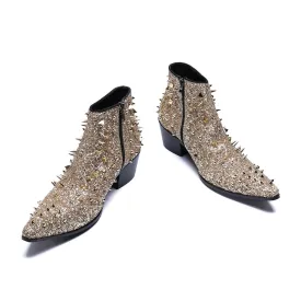 Fashion Designer Genuine Leather Men Ankle Boots Gold Rivets Short Boots Male Party Wedding Dress Shoes Plus Size