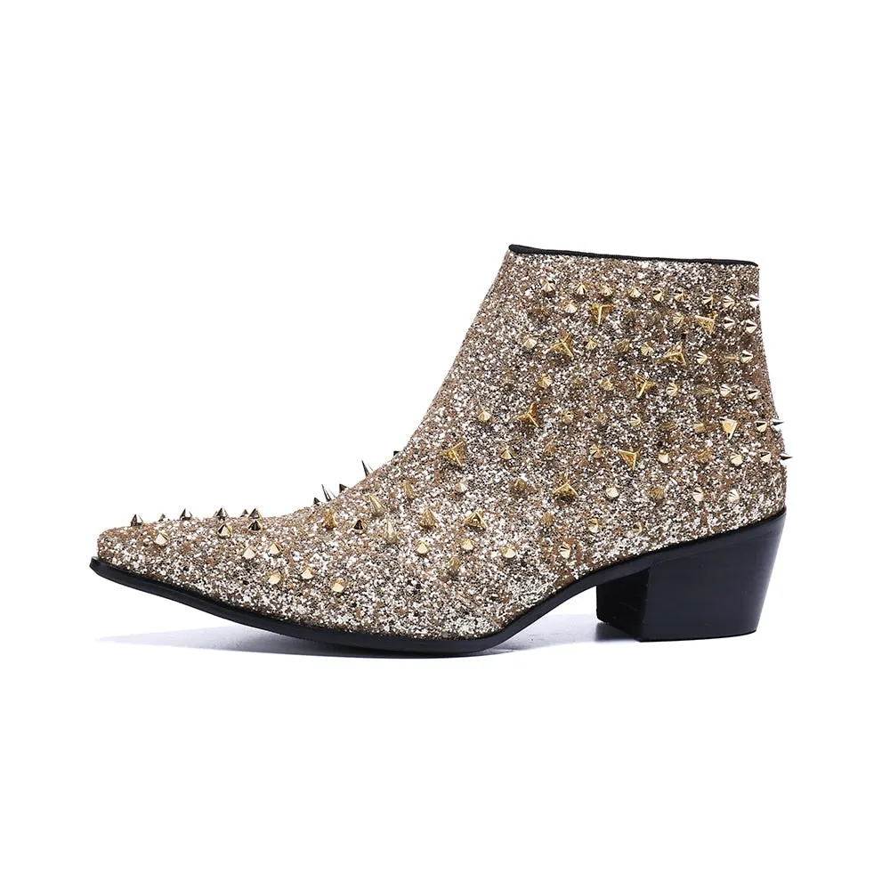 Fashion Designer Genuine Leather Men Ankle Boots Gold Rivets Short Boots Male Party Wedding Dress Shoes Plus Size