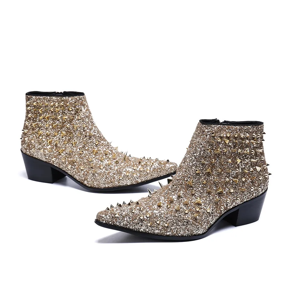 Fashion Designer Genuine Leather Men Ankle Boots Gold Rivets Short Boots Male Party Wedding Dress Shoes Plus Size