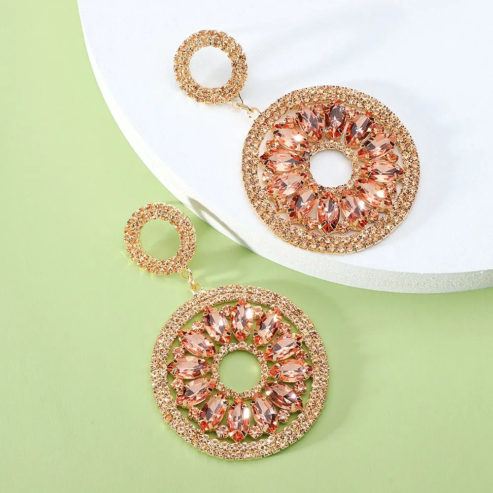 Fashion Double Round Full Geometric Glass Dangle Earrings For Women
