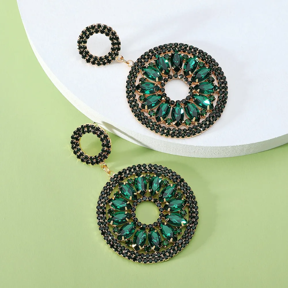 Fashion Double Round Full Geometric Glass Dangle Earrings For Women