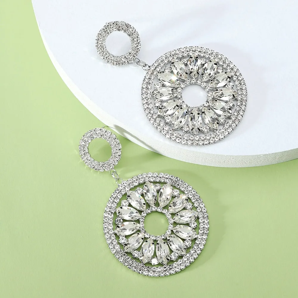 Fashion Double Round Full Geometric Glass Dangle Earrings For Women