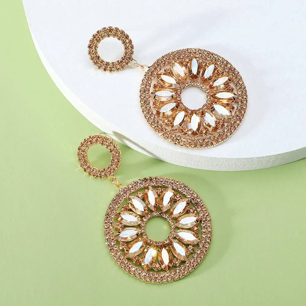 Fashion Double Round Full Geometric Glass Dangle Earrings For Women