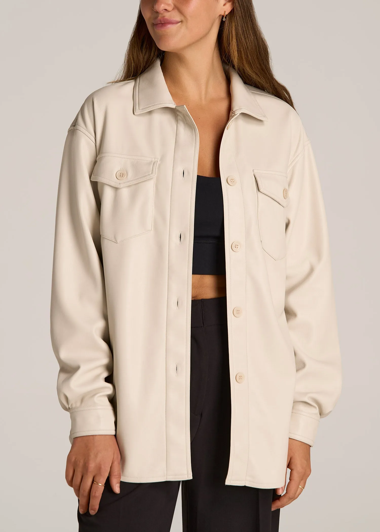 Faux Leather Shirt Jacket for Tall Women in Vanilla Latte
