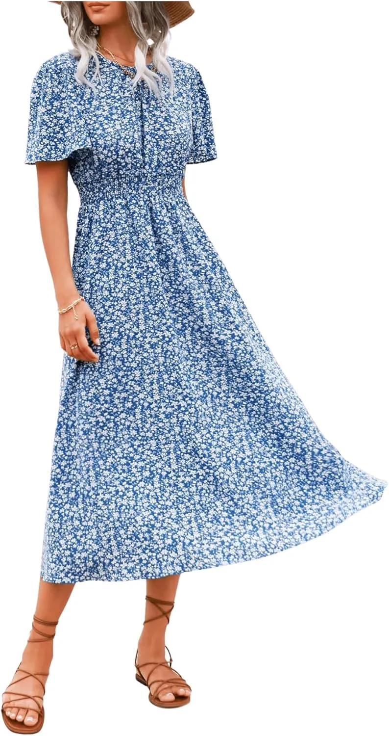 Floerns Women's Casual Floral Print Crewneck Short Sleeve A Line Boho Maxi Dress