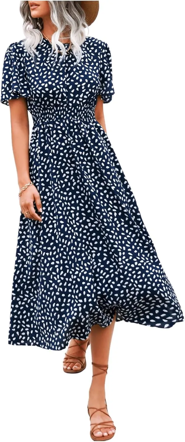 Floerns Women's Casual Floral Print Crewneck Short Sleeve A Line Boho Maxi Dress