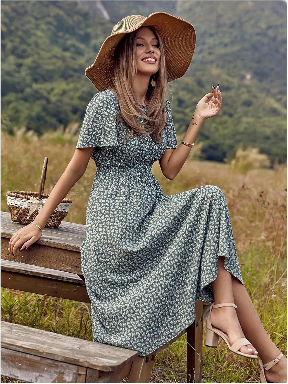 Floerns Women's Casual Floral Print Crewneck Short Sleeve A Line Boho Maxi Dress