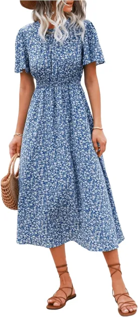 Floerns Women's Casual Floral Print Crewneck Short Sleeve A Line Boho Maxi Dress