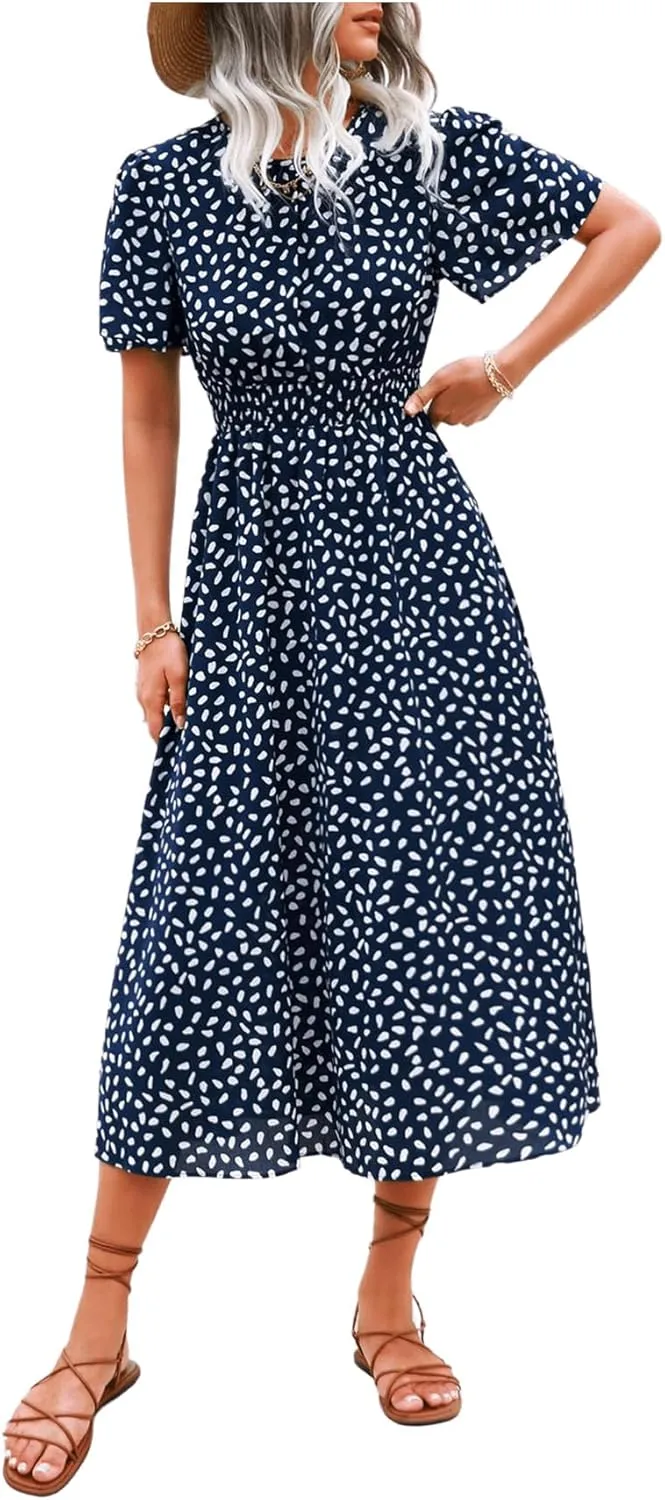 Floerns Women's Casual Floral Print Crewneck Short Sleeve A Line Boho Maxi Dress