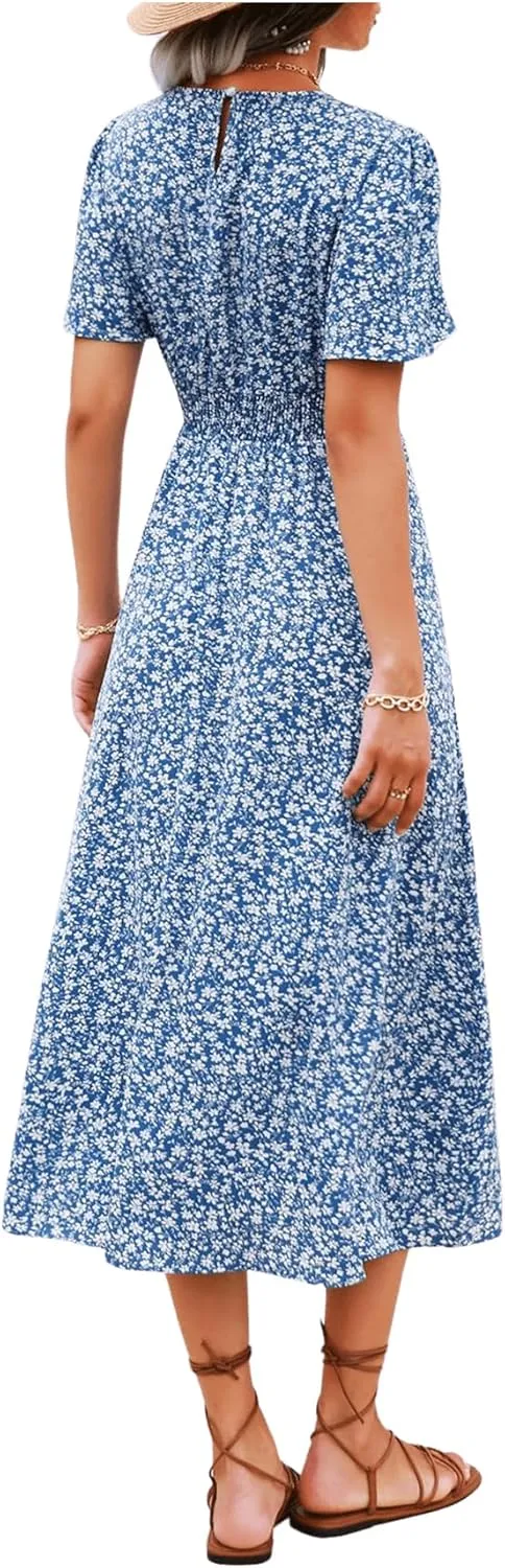 Floerns Women's Casual Floral Print Crewneck Short Sleeve A Line Boho Maxi Dress