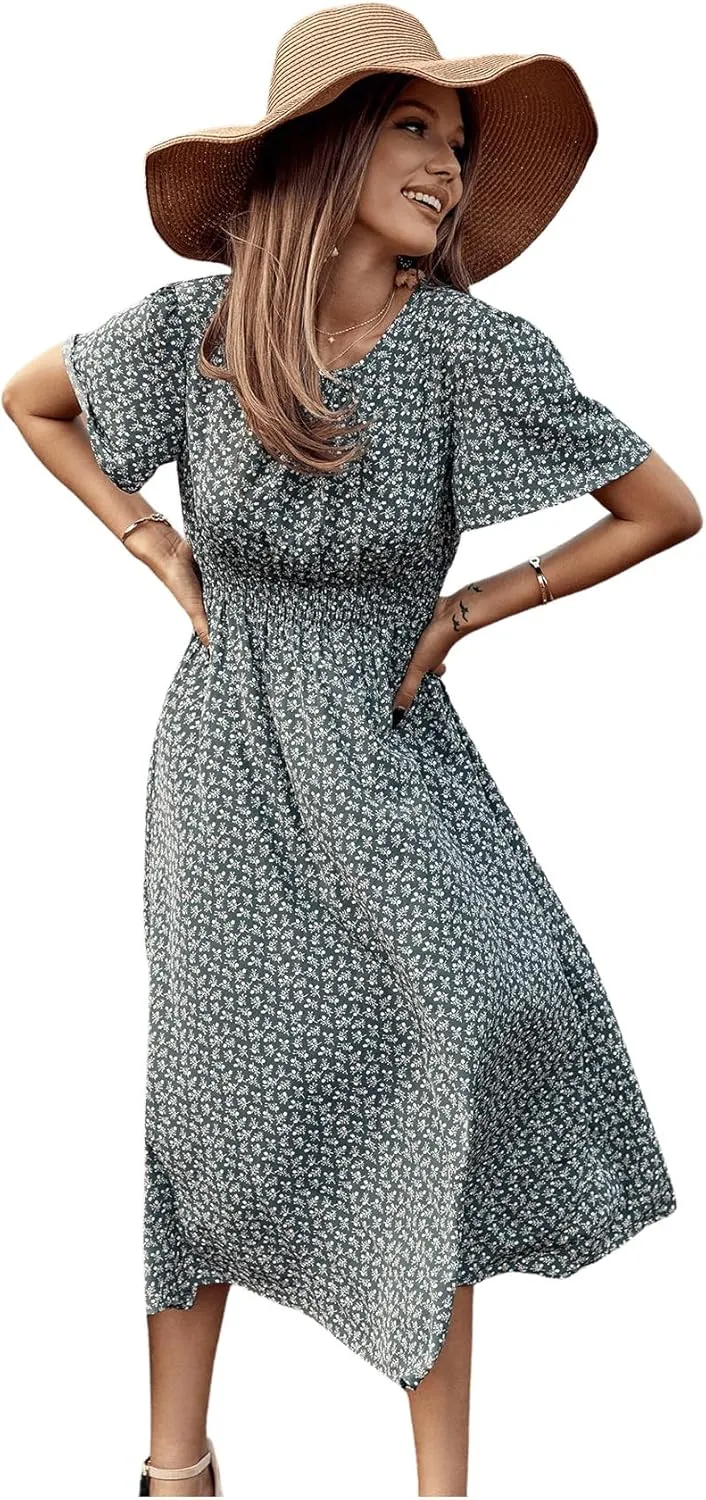 Floerns Women's Casual Floral Print Crewneck Short Sleeve A Line Boho Maxi Dress