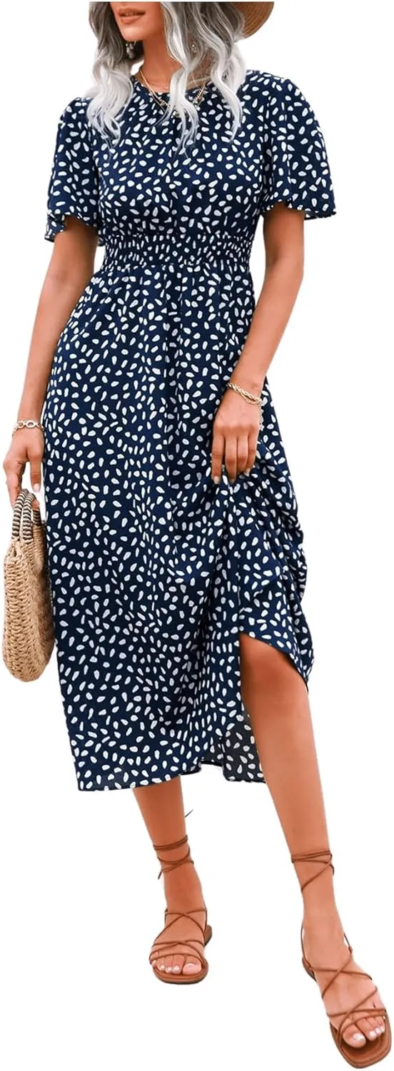 Floerns Women's Casual Floral Print Crewneck Short Sleeve A Line Boho Maxi Dress
