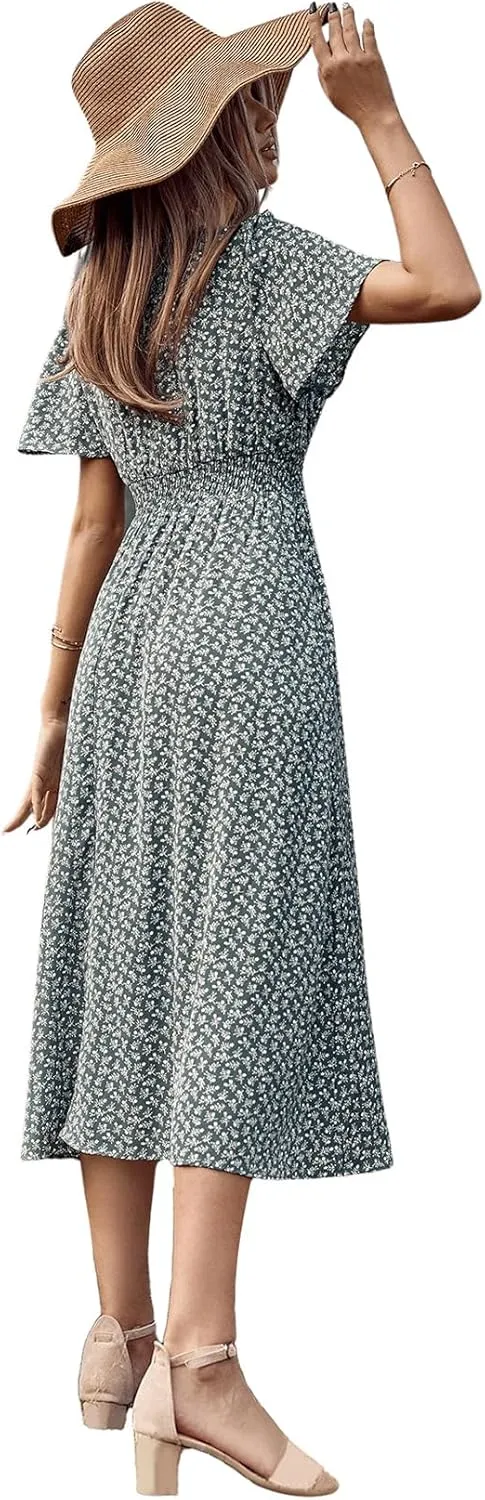 Floerns Women's Casual Floral Print Crewneck Short Sleeve A Line Boho Maxi Dress