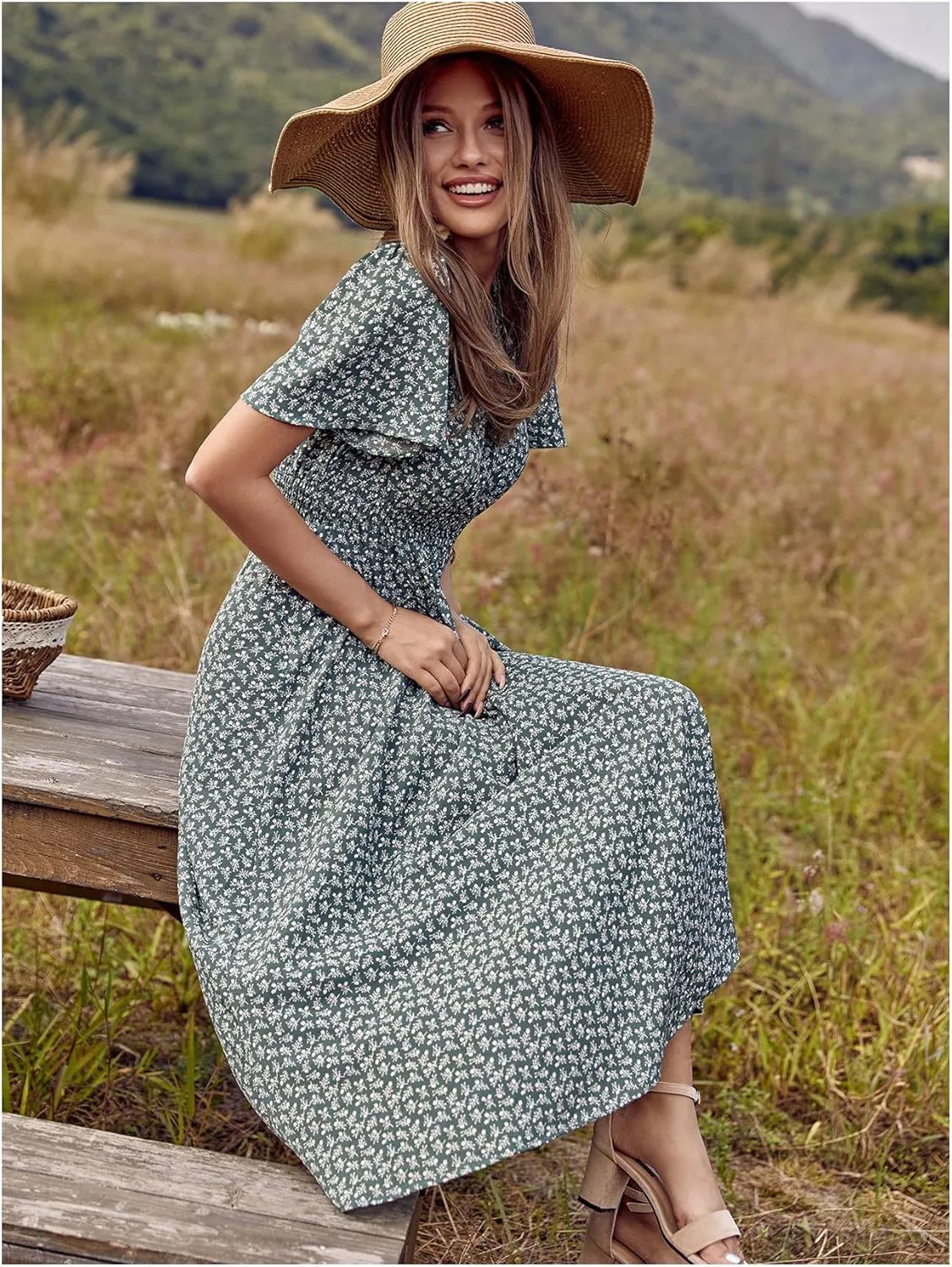 Floerns Women's Casual Floral Print Crewneck Short Sleeve A Line Boho Maxi Dress