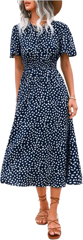 Floerns Women's Casual Floral Print Crewneck Short Sleeve A Line Boho Maxi Dress