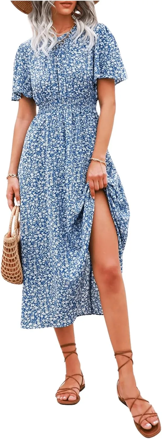 Floerns Women's Casual Floral Print Crewneck Short Sleeve A Line Boho Maxi Dress