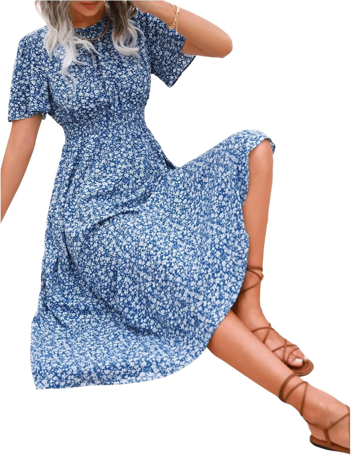 Floerns Women's Casual Floral Print Crewneck Short Sleeve A Line Boho Maxi Dress