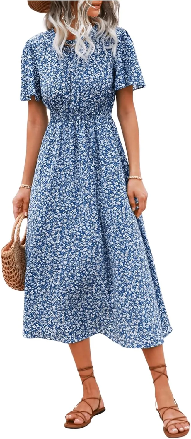Floerns Women's Casual Floral Print Crewneck Short Sleeve A Line Boho Maxi Dress