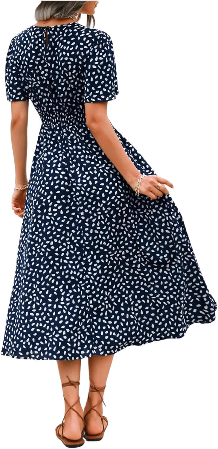 Floerns Women's Casual Floral Print Crewneck Short Sleeve A Line Boho Maxi Dress