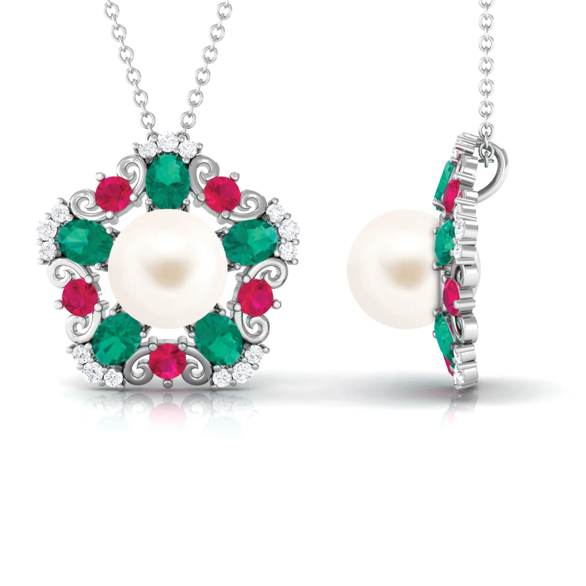 Flower Inspired White Freshwater Pearl Cocktail Pendant Necklace