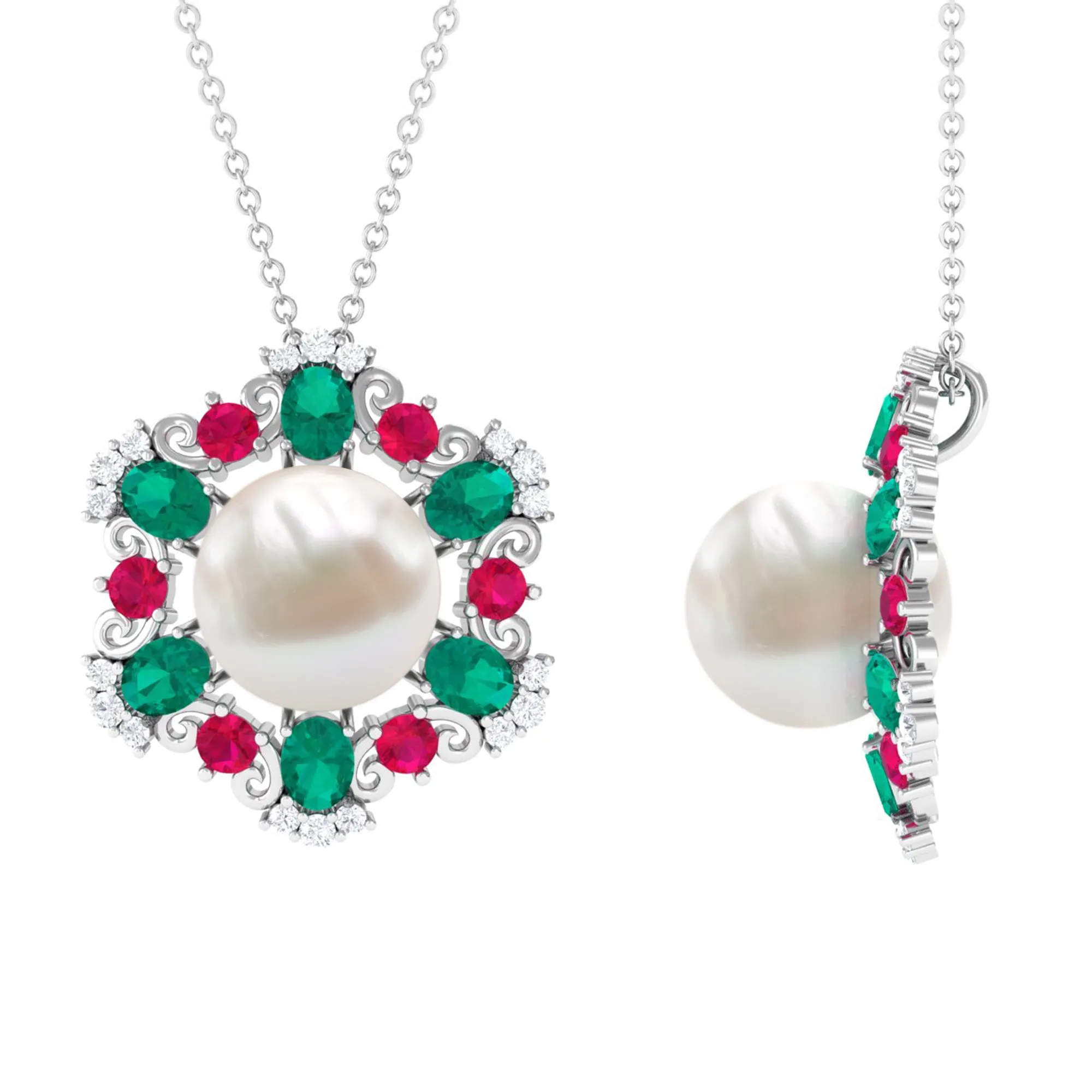 Flower Inspired White Freshwater Pearl Cocktail Pendant Necklace