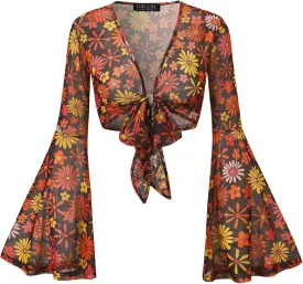 For G and PL Women Tie Front Bell Sleeve Rave Crop Tops Floral Print Hippie Mesh Sheer Shirt
