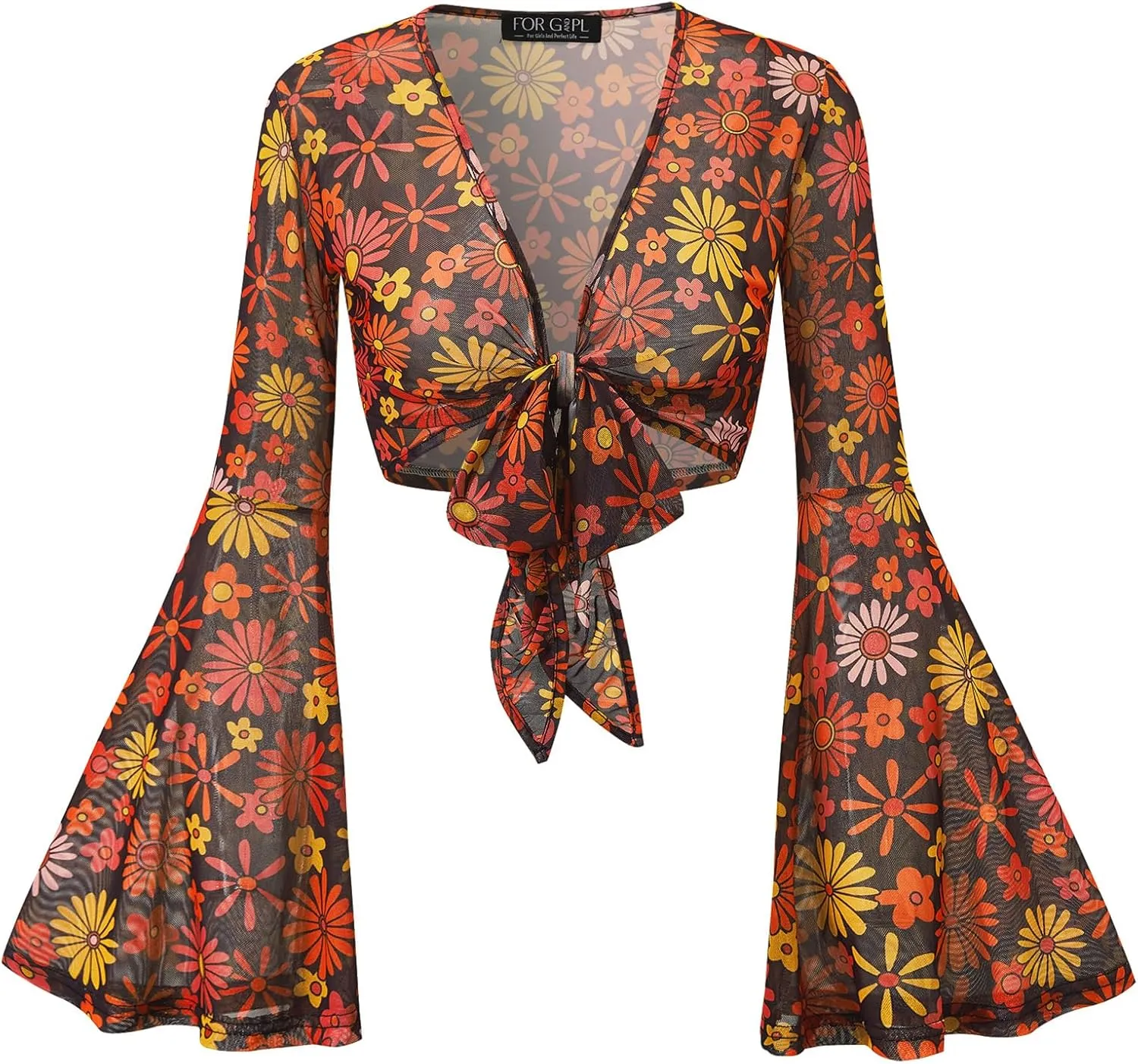 For G and PL Women Tie Front Bell Sleeve Rave Crop Tops Floral Print Hippie Mesh Sheer Shirt
