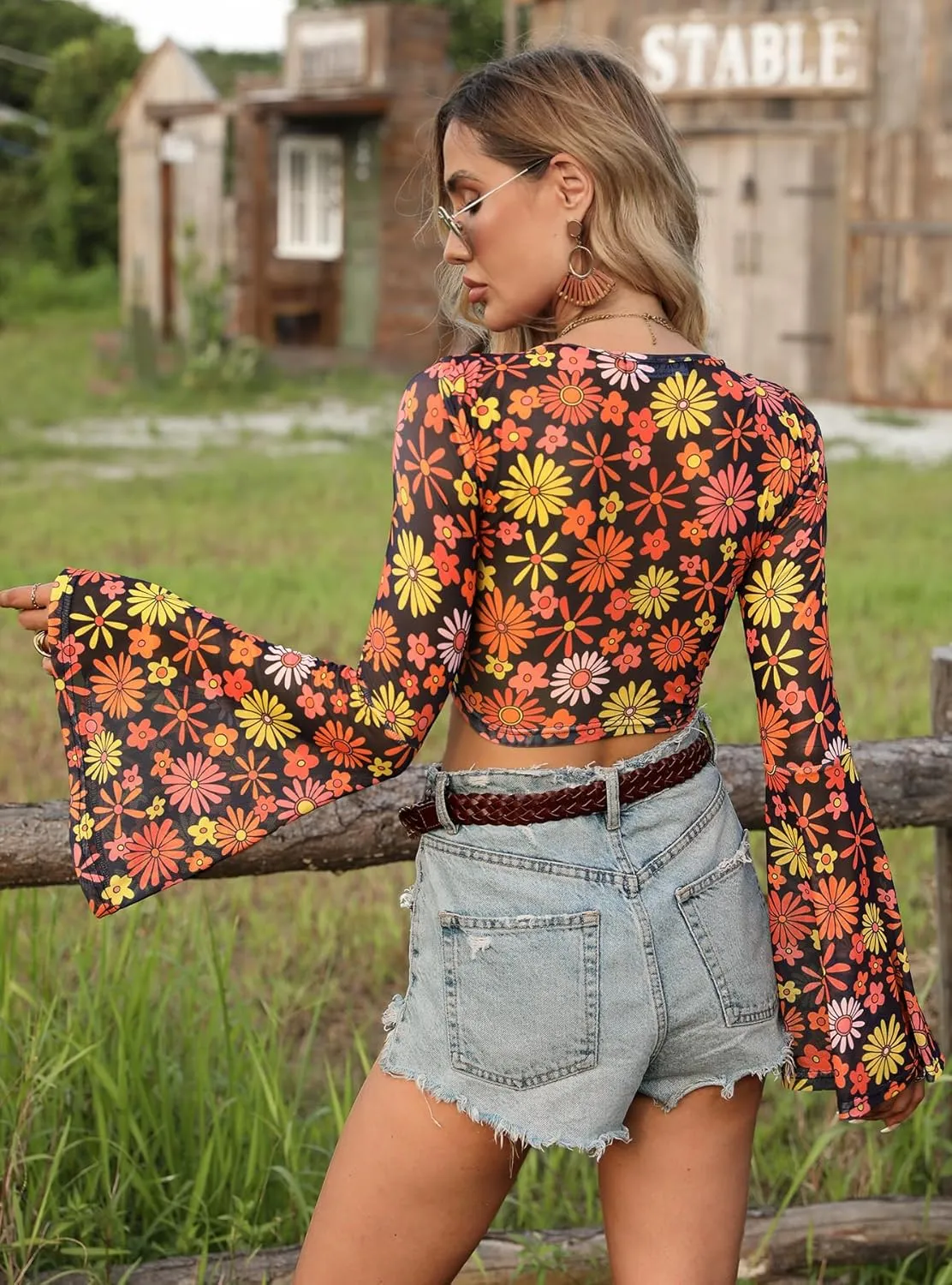 For G and PL Women Tie Front Bell Sleeve Rave Crop Tops Floral Print Hippie Mesh Sheer Shirt