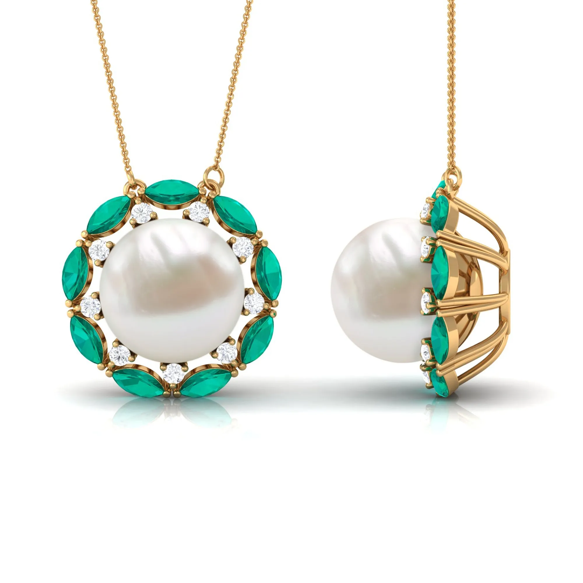 Freshwater Pearl Floral Pendant Necklace with Emerald